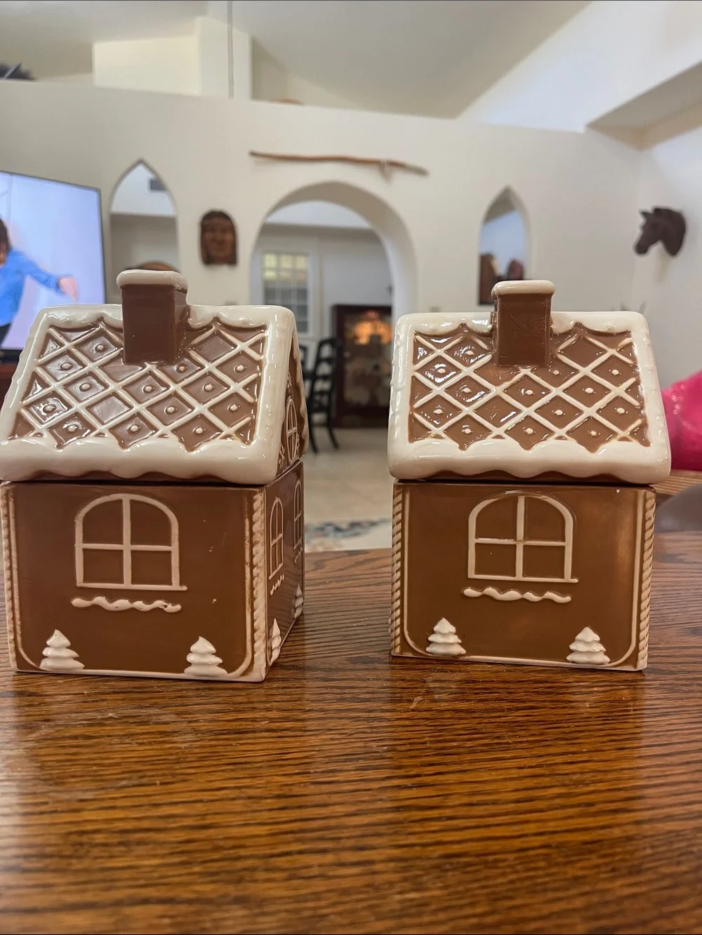 Set of 2- Holiday Ceramic Gingerbread House Canister - Brown & White